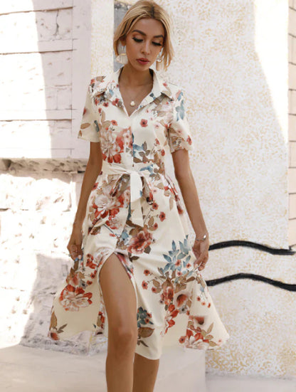 LM | Waist-hugging dress with floral print