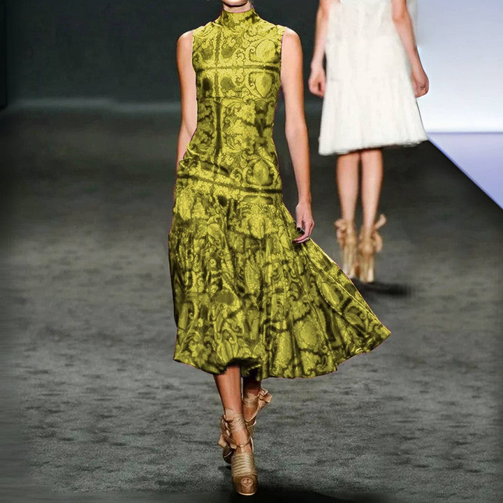 LM | Sleeveless golden midi dress with plunging neckline