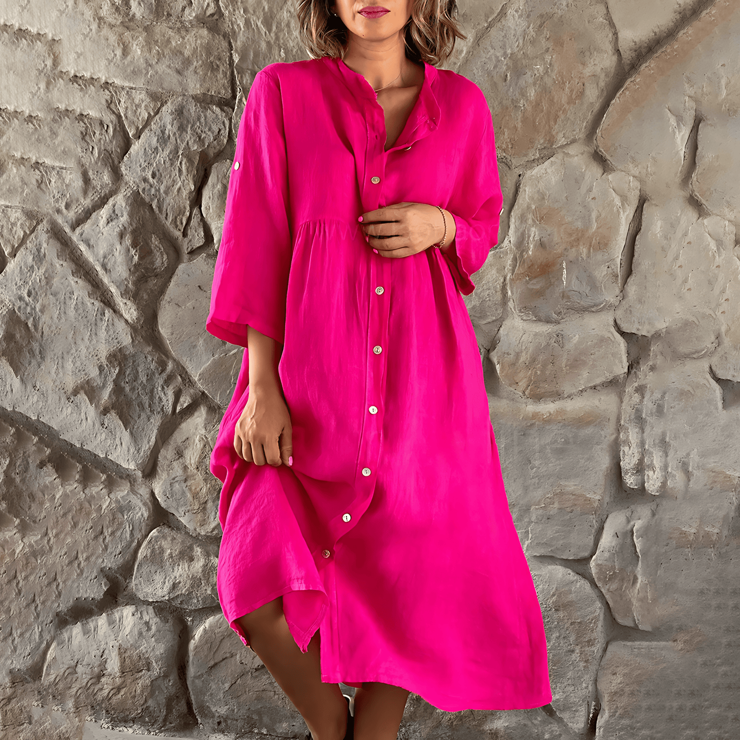 LM | Chic midi dress with button placket for women
