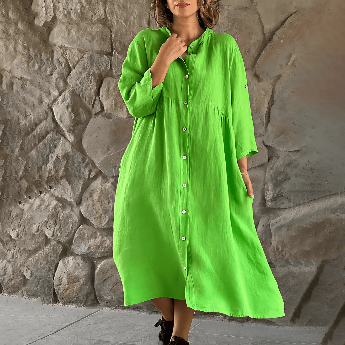 LM | Chic midi dress with button placket for women