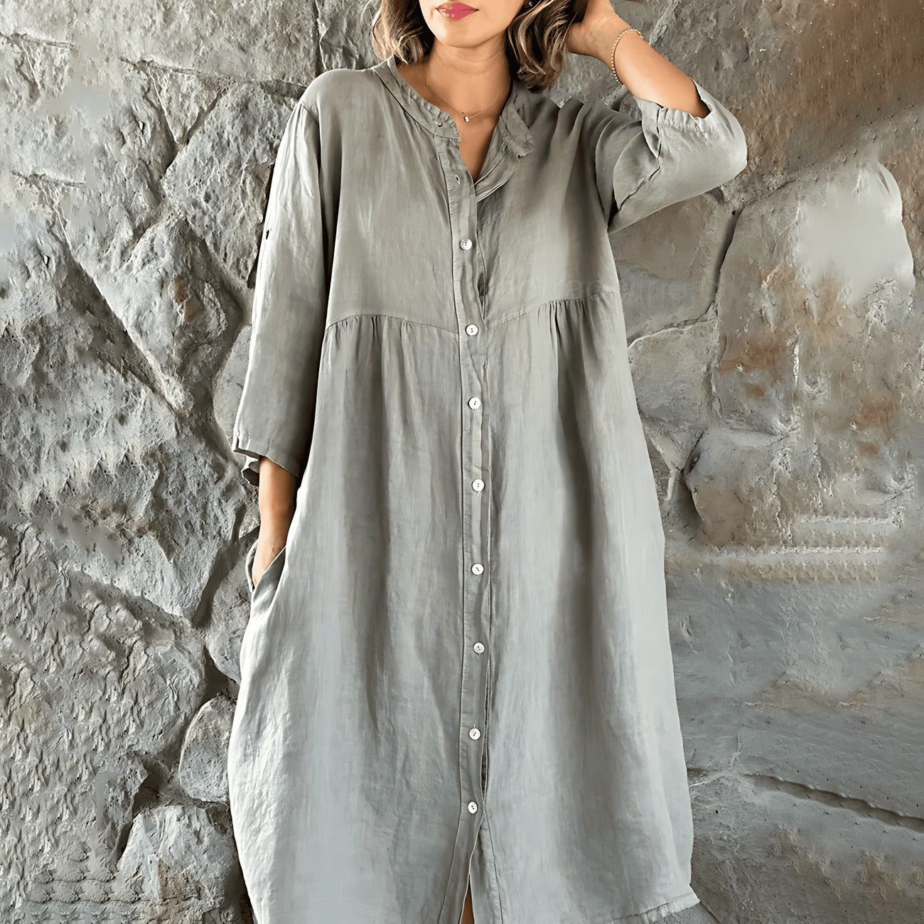 LM | Chic midi dress with button placket for women
