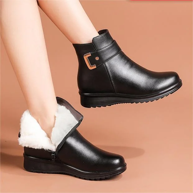 LM Genuine Leather Metal Buckle Velvet Boots