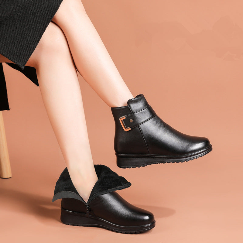 LM Genuine Leather Metal Buckle Velvet Boots
