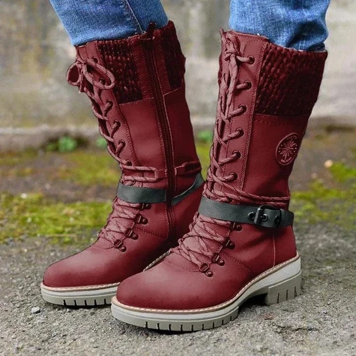 LM | Winter boots with buckles, lace and knitted pattern in the middle of the calf