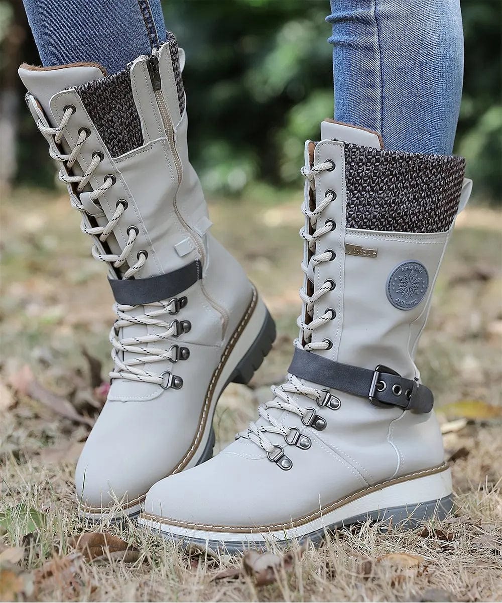 LM | Winter boots with buckles, lace and knitted pattern in the middle of the calf