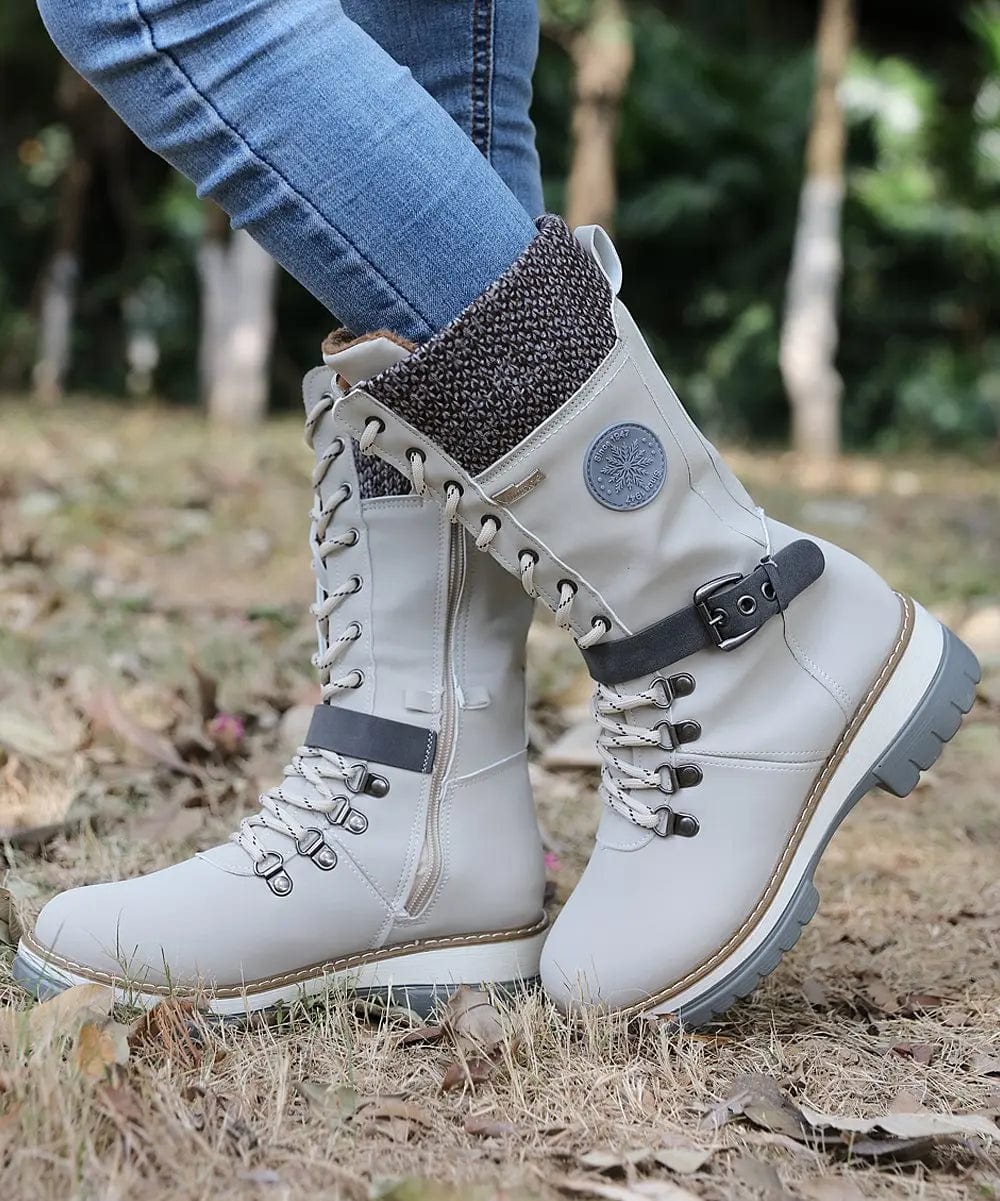 LM | Winter boots with buckles, lace and knitted pattern in the middle of the calf