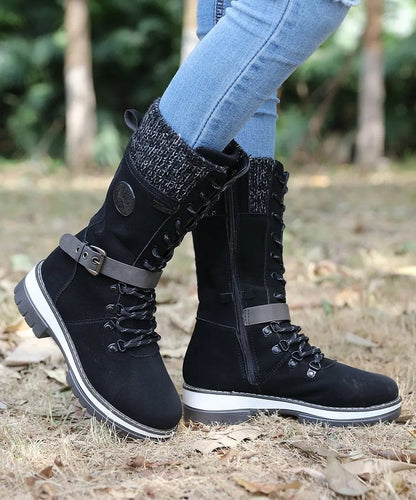 LM | Winter boots with buckles, lace and knitted pattern in the middle of the calf